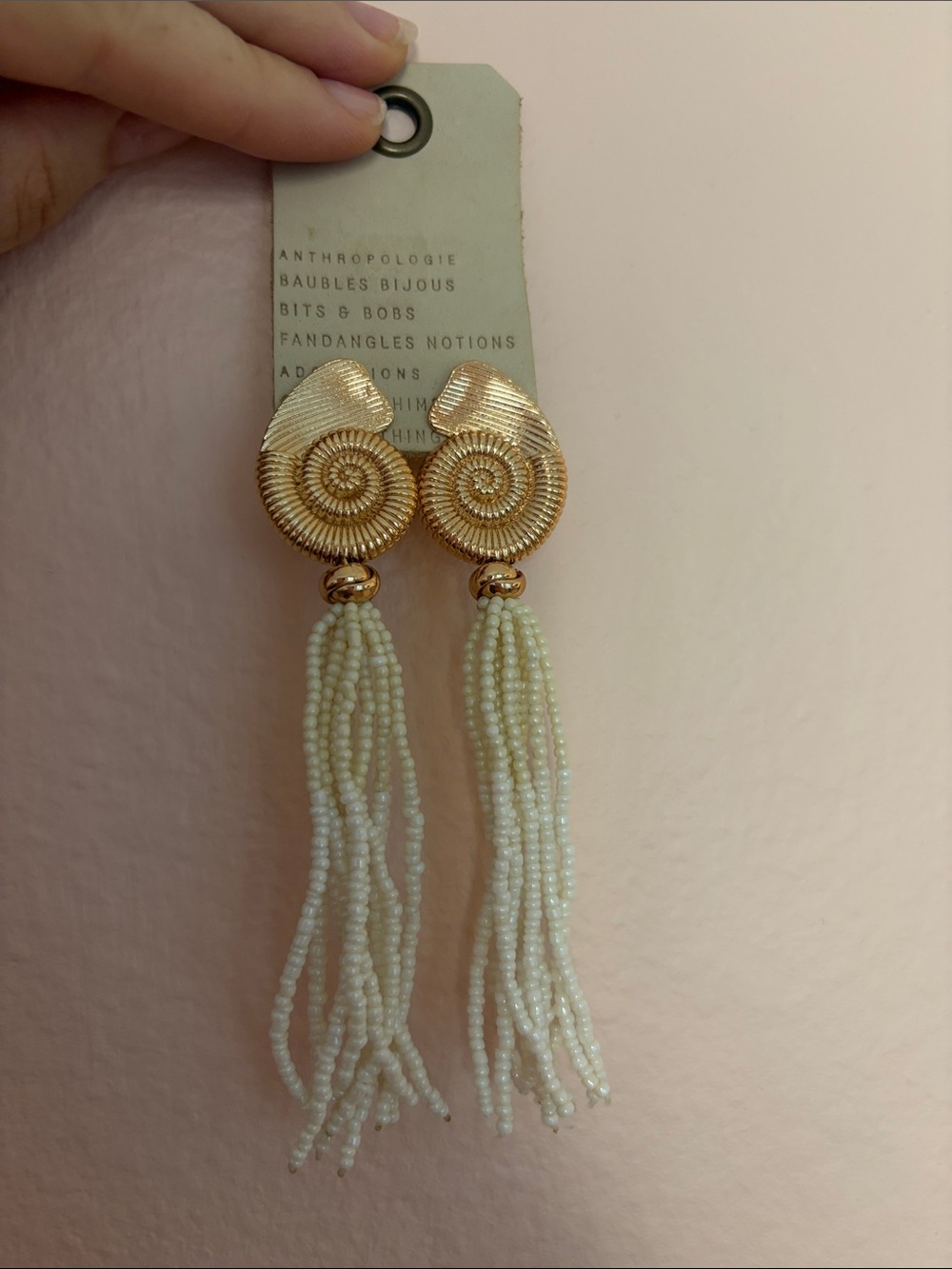Anthropologie Gold Spiral Tassel Earrings with Ivory Seed Beads